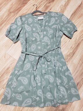 Lucky Brand Sage Green W/white Eyelet  XL Belted Mini Dress Cotton Comfort